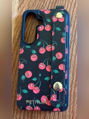 Black Cherry Print Wallet Phone Case with Hand Strap